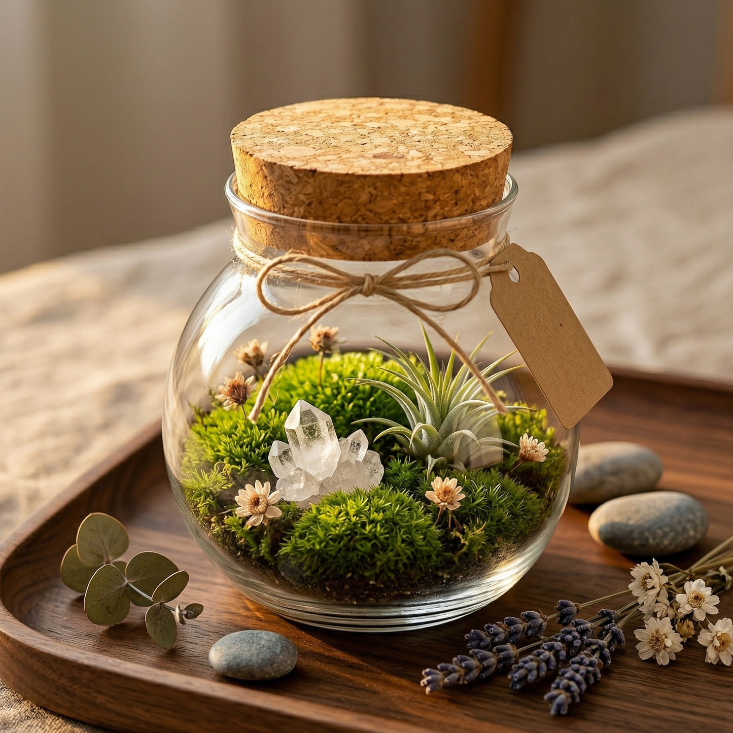 Bocal verre rond transparent 500ml présentation cadeau luxe, intérieur
mousse verte coussin cristal quartz blanc fleurs séchées lavande
tillandsia argenté arrangés précision joaillerie, ficelle naturelle
nœud col élégant, plateau noyer huilé sombre riche, branche eucalyptus
galets gris tag kraft côté, fond lin neutre chaud, lumière dorée heure
or gauche verre reflets chauds, format PNG 1:1
