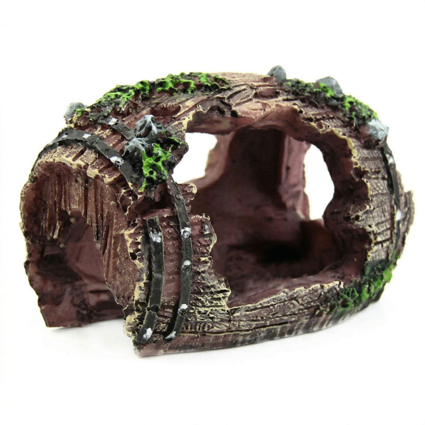 Cache décoration résine forme tonneau creux marron rougeâtre, texture
bois vieilli réaliste, bandes fer noires, mousse verte patches dessus
côtés, ouverture tunnel des deux côtés, fond blanc studio éclairage
professionnel, format JPG 1:1
