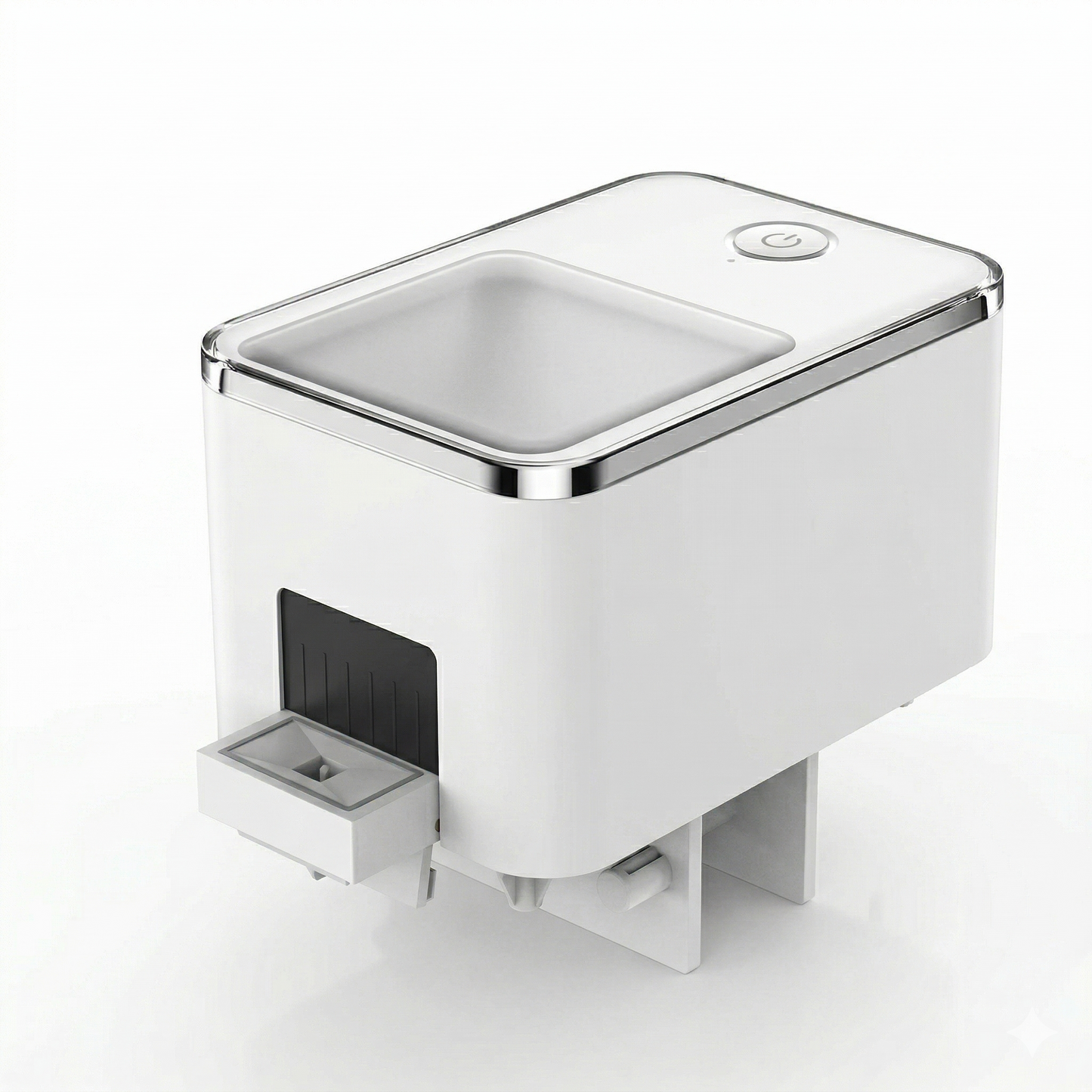 Distributeur automatique nourriture poissons aquarium cube blanc avec bordures chrome argenté, fenêtre transparente façade, tiroir distributeur bas, photographié fond blanc pur éclairage studio professionnel doux, angle 3/4 élevé, format JPG carré 1:1
