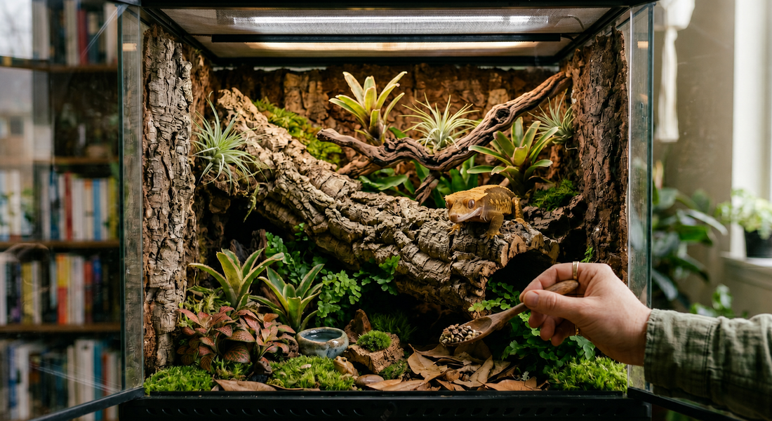 Terrarium tropical bioactif avec gecko posé sur une branche, entouré de plantes naturelles, pendant un nourrissage à la main.