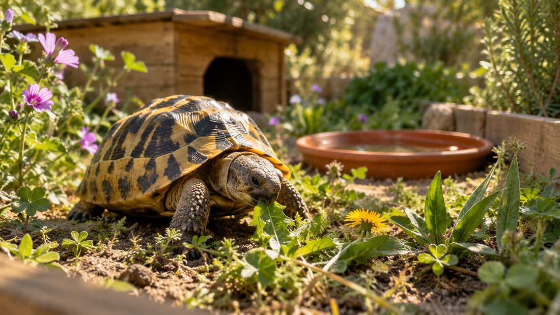 Tortue d’Hermann adulte broutant une feuille de pissenlit dans un enclos de jardin naturel avec abri en bois et coupelle d’eau en terre cuite.