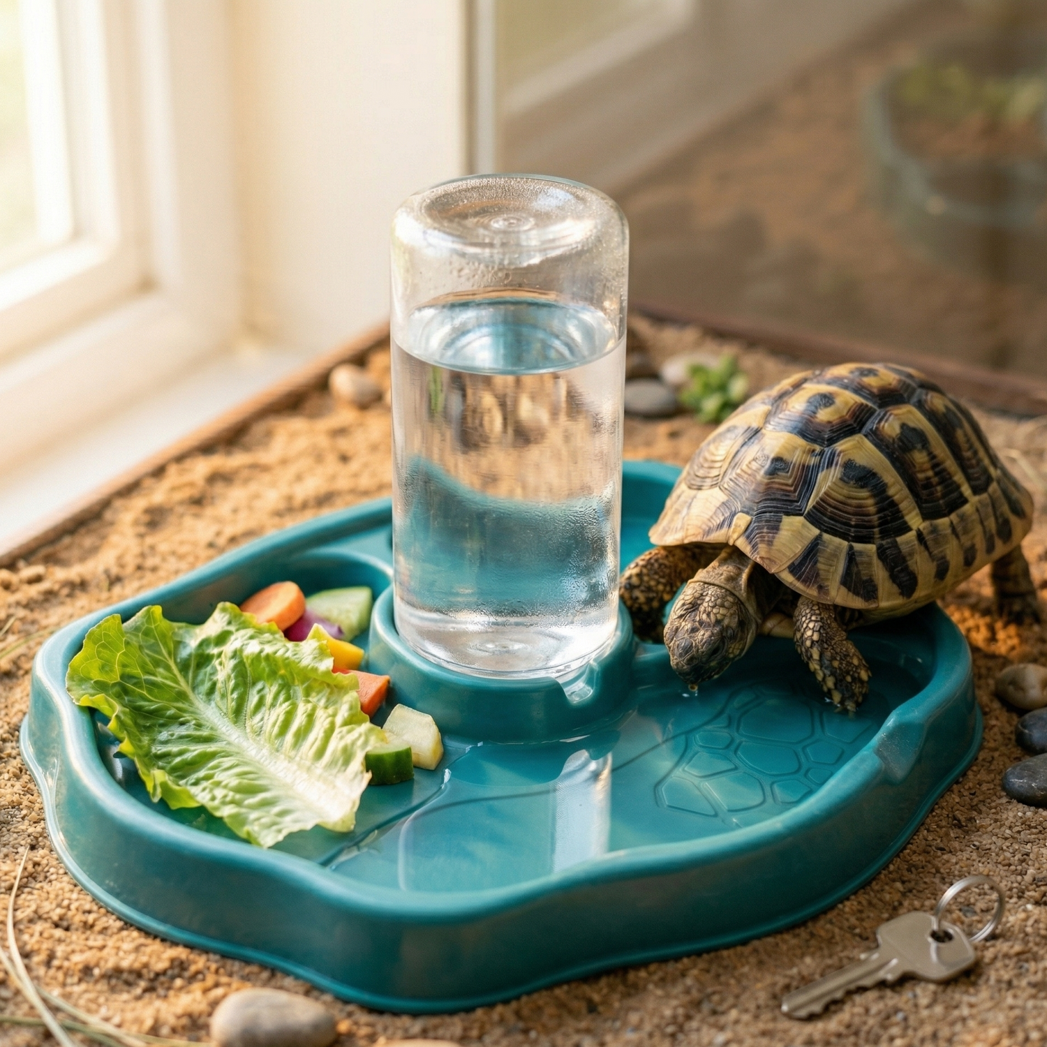 Abreuvoir distributeur eau automatique turquoise chargé légumes frais 
carotte concombre laitue gauche, bouteille eau cristalline pleine 
condensation fraîcheur, tortue Hermann tête baissée buvant eau claire 
détendue contente, clé maison substrate détail narratif weekend, 
lumière naturelle après-midi dorée gauche, format JPG 1:1