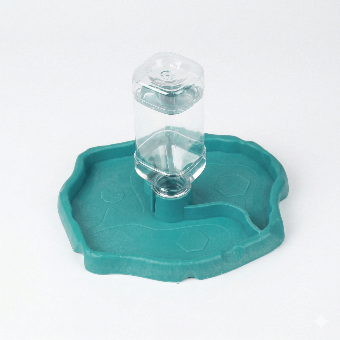Abreuvoir tortue plateau turquoise forme organique, distributeur eau 
automatique transparent cylindrique centre, zone nourriture gauche 
plus profonde, motif tortue hexagone embossé droite, fond blanc 
studio éclairage professionnel, format JPG 1:1