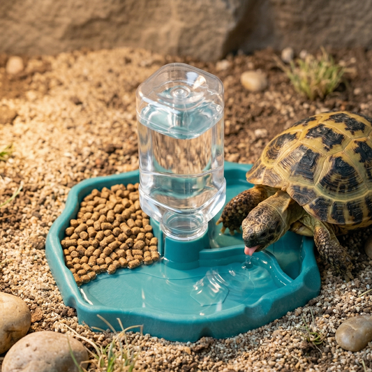 Abreuvoir tortue plateau turquoise chargé pellets nourriture gauche 
distributeur eau transparent centre, tortue Hermann tête baissée 
buvant surface eau langue visible, substrat sable fin galets herbe 
séchée terrarium naturel, lumière naturelle chaude gauche, format 
JPG 1:1