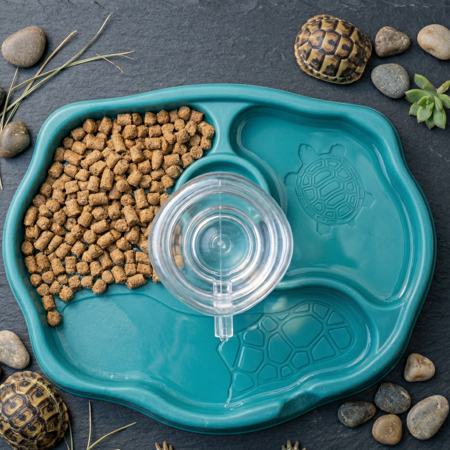 Vue plongeante flat lay abreuvoir tortue plateau turquoise forme 
organique, pellets nourriture section gauche, distributeur eau 
transparent dessus centre, plateau eau droite reflet, motif tortue 
embossé visible, surface ardoise sombre galets herbe fragment 
carapace succulent, patte tortue bas cadre, lumière naturelle 
overhead, format PNG 1:1