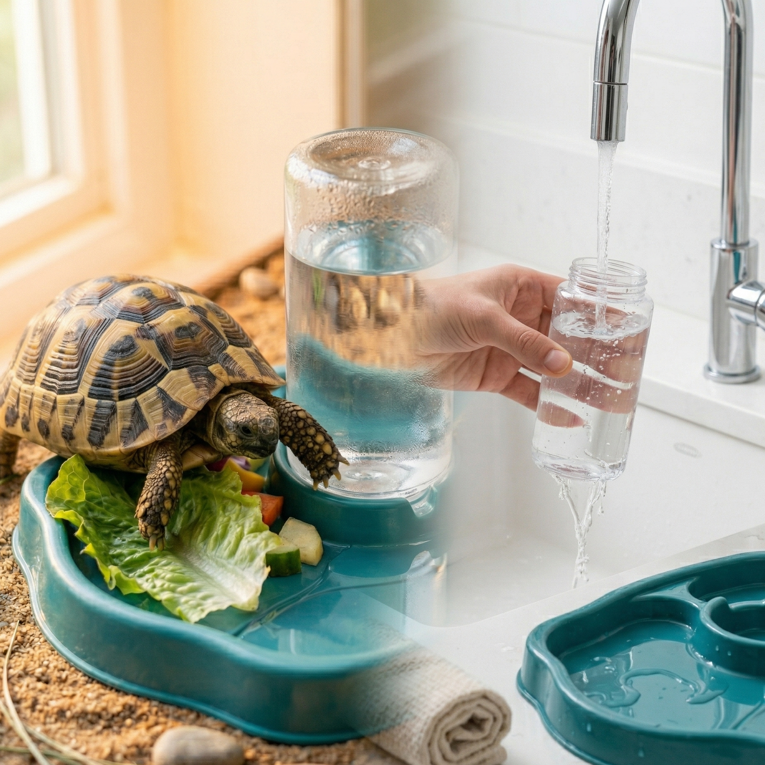 Composition double abreuvoir tortue turquoise, gauche grande tortue 
Hermann montant plateau base stable 21×19cm bords bas accès facile 
substrat sable, droite main élégante nettoyant bouteille transparente 
eau courante robinet plateau propre côté, contraste lumière terrarium 
chaud gauche cuisine blanc droit, format JPG 1:1