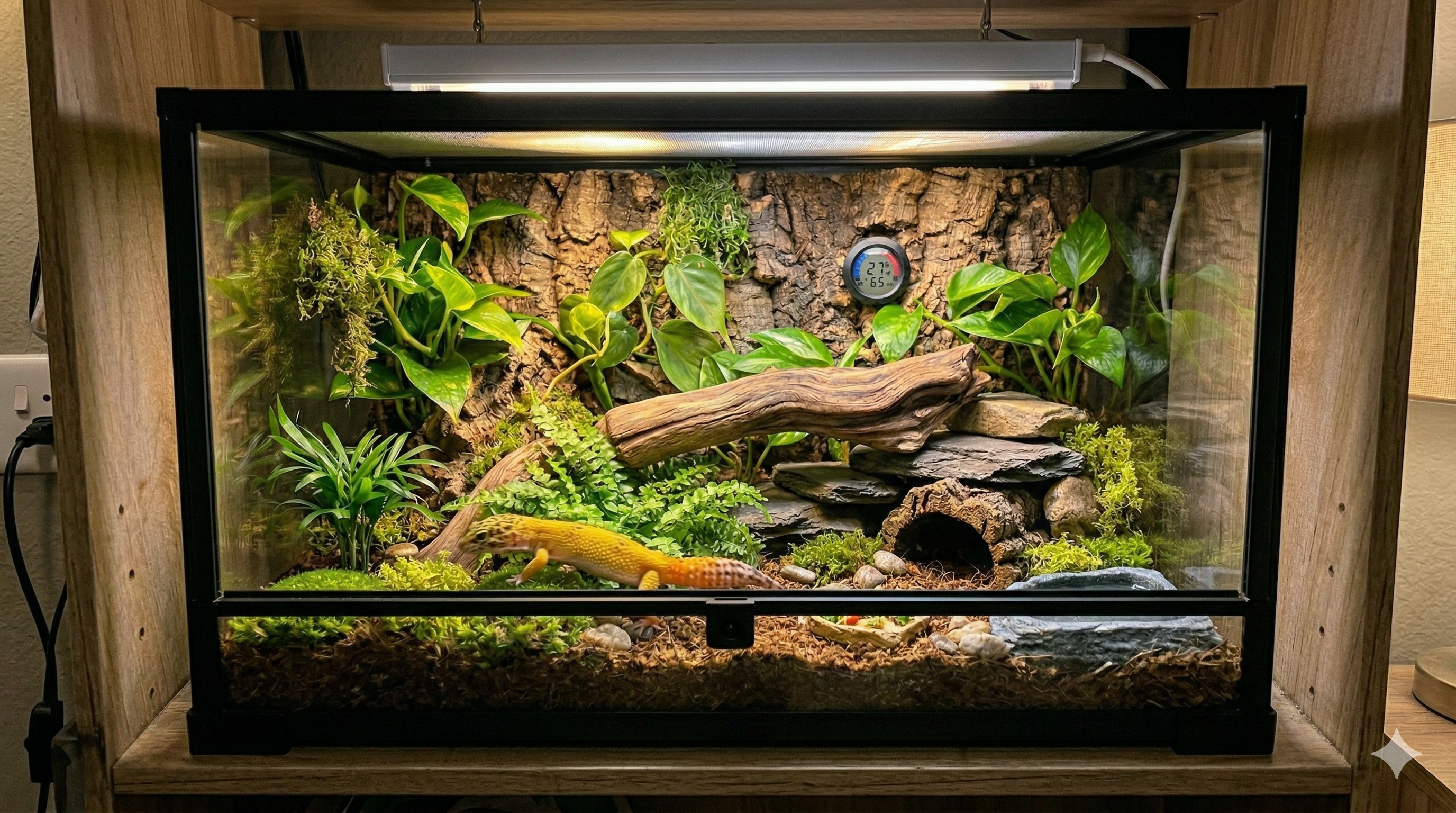 Transformation d'habitat par MaisonZenarium. Ce résultat final illustre comment l'ajout d'éléments naturels et de plantes vise à créer un écosystème réaliste et stimulant. Le nouveau décor réduit le stress de l'animal en multipliant les cachettes et les zones d'exploration. En comparant avec l'état initial, cette configuration permet de mieux gérer l'hygrométrie et assure un niveau de contrôle élevé sur la stabilité biologique du terrarium.