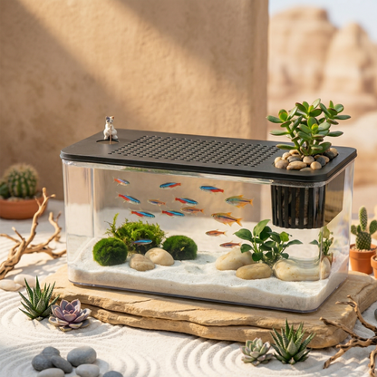 Terrarium-aquarium double fonction blanc noir avec poissons décoratifs, installé sur roches de grès empilées dans jardin zen désertique avec sable blanc, succulentes, galets gris, branches séchées et petits cactus, éclairage solaire chaud après-midi, ambiance minérale apaisante, format PNG carré 1:1