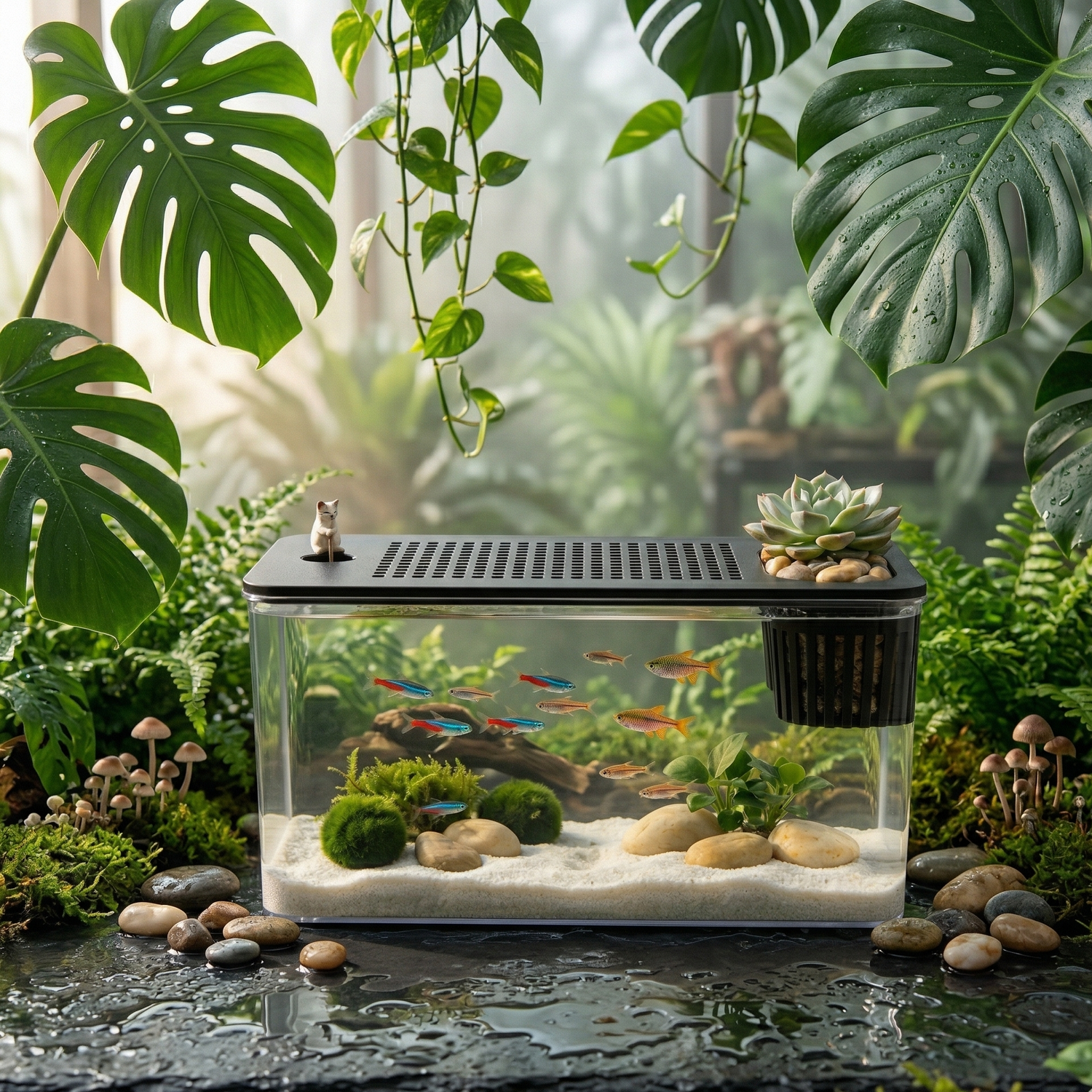Un petit aquarium de bureau rectangulaire au design moderne, avec un couvercle noir perforé et une jardinière intégrée contenant un petit bonsaï et des galets. À l'intérieur de l'eau claire, un banc de poissons tétras colorés (néons, rasboras) nage parmi de véritables plantes aquatiques (boules de mousse, fougères) et des rochers en ardoise. Un petit chaton décoratif est perché sur le couvercle. L'aquarium est posé sur une surface en ardoise, entouré d'un décor de jungle avec des feuilles de monstera géante