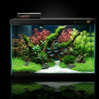 Aquarium intelligent 20L noir mat photographié face légèrement bas 
fond noir absolu, surface acrylique noire reflet miroir parfait, 
intérieur aquascape spectaculaire hemianthus cuba vert néon rotala 
rouge bois flotté mousse cardinaux électriques bleu rouge formation, 
éclairage LED multicolore intérieur, afficheur digital ambre 26°C 
seule lumière extérieure, ambiance portail univers art vivant 
cinématique, format PNG 1:1