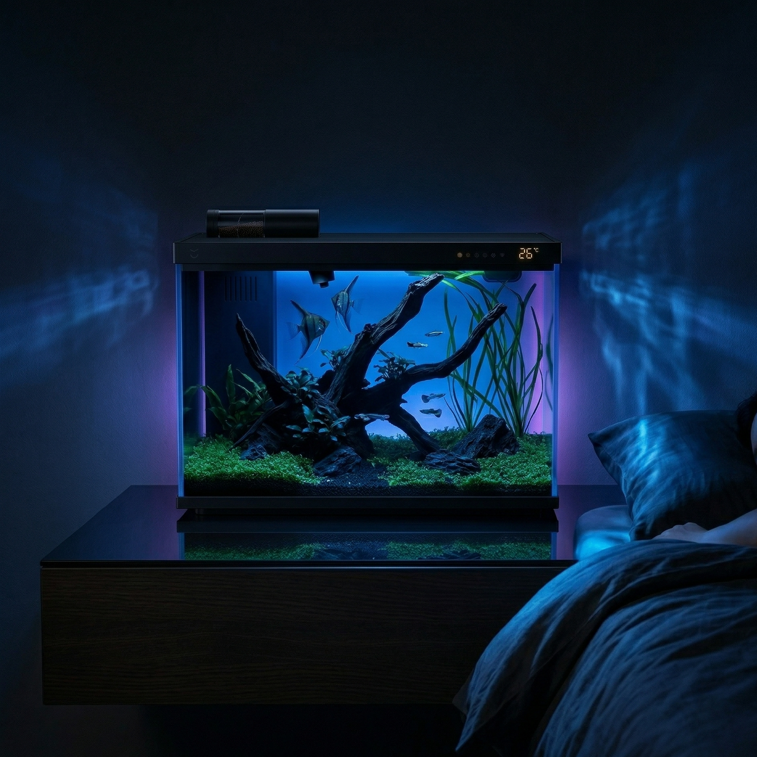 Aquarium intelligent 20L noir mat sur console noyer chambre adulte 
nuit totale, mode nuit LED bleu profond seule source lumière, 
poissons angelfish silhouettes bleutées driftwood vallisneria, 
reflets bleus plafond mur, literie lin sombre personne endormie, 
ambiance lullaby vivant intime poétique, format JPG 1:1