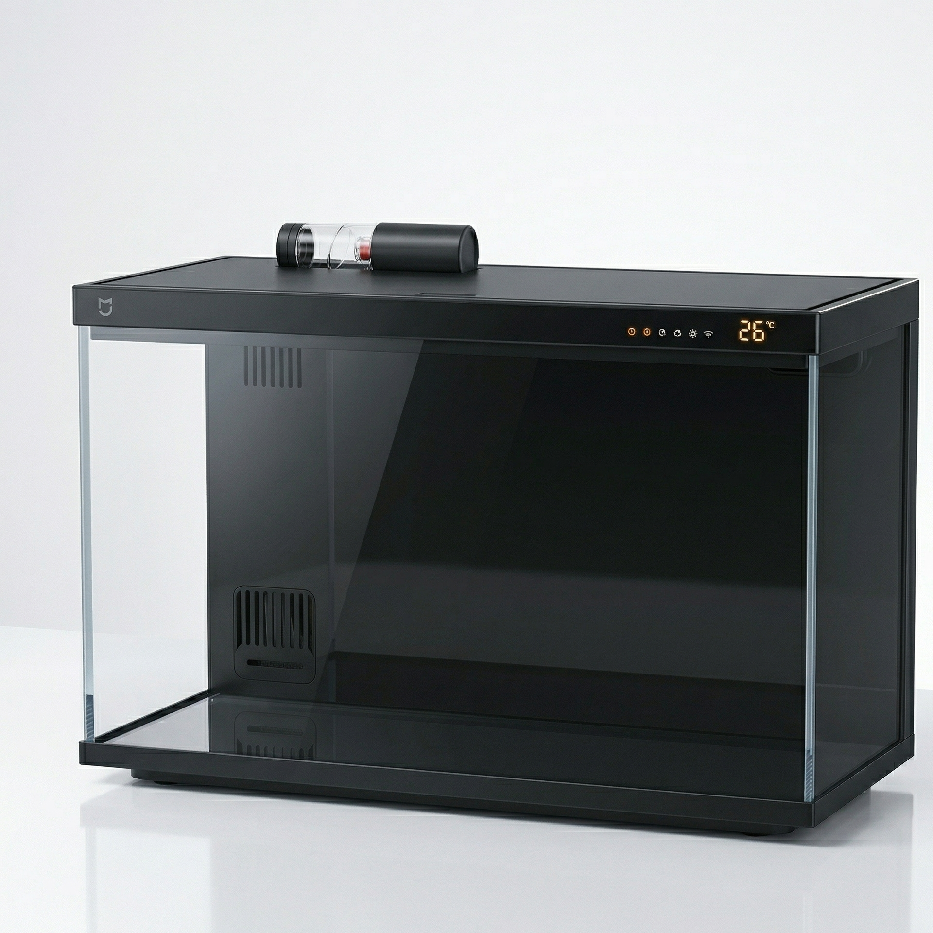 Aquarium intelligent 20L noir mat premium 446×246×295mm, verre 
panoramique fumé, couvercle intégré distributeur automatique 
nourriture, afficheur digital température ambre 26°C, éclairage 
LED connecté, fond blanc studio professionnel, format JPG 1:1