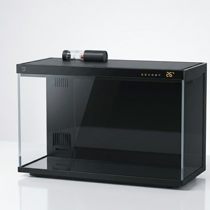 Aquarium intelligent 20L noir mat premium 446×246×295mm, verre 
panoramique fumé, couvercle intégré distributeur automatique 
nourriture, afficheur digital température ambre 26°C, éclairage 
LED connecté, fond blanc studio professionnel, format JPG 1:1