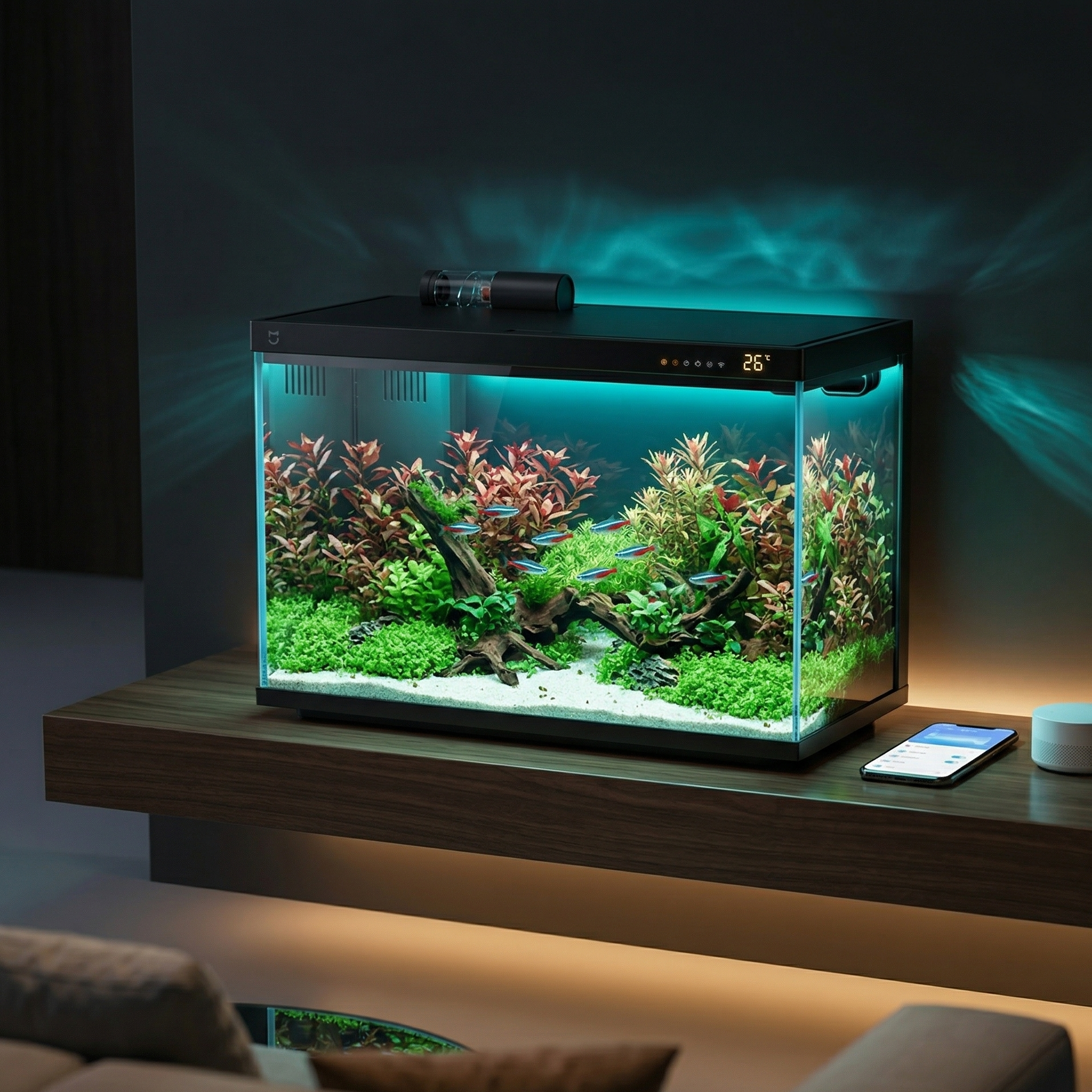 Aquarium intelligent 20L noir mat sur étagère noyer flottante salon 
tech luxueux soirée, intérieur aquascape planté hemianthus bois flotté 
sable blanc néons lumineux LED bleu-vert, écran digital 26°C visible, 
iPhone Mi Home app contrôle aquarium, enceinte Xiao Ai, mur anthracite 
reflets lumineux aquatiques, ambiance smart home 2025, format JPG 1:1