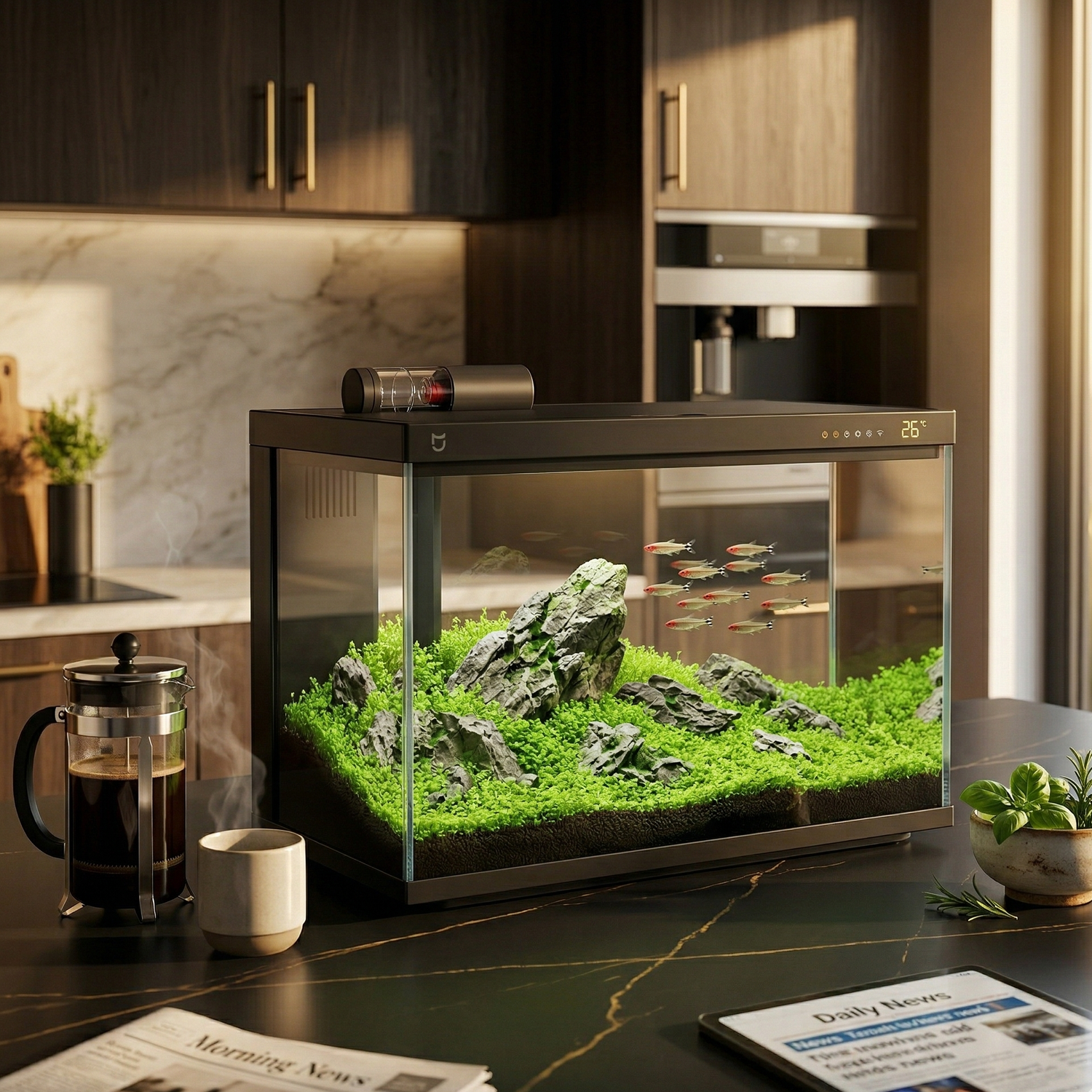 Aquarium intelligent 20L noir mat sur plan cuisine marbre noir luxueux 
matin doré, LED mode chaud golden intérieur aquascape japonais style 
Amano pierres Seiryu carpet baby tears tétra rummy-nose formation, 
cafetière française vapeur gauche, herbes céramique droite, cuisine 
sombre armoires laiton marbre fond flou, lumière soleil matin dorée, 
ambiance rituel matin Michelin aspirationnel, format PNG 1:1
