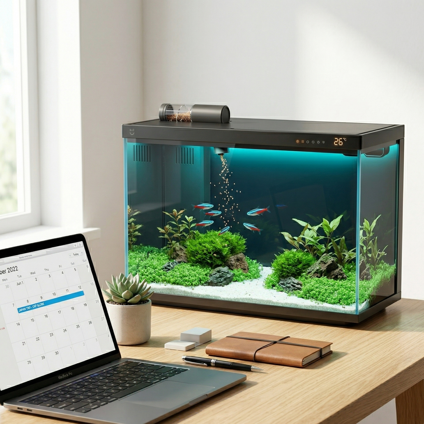 Aquarium intelligent 20L noir mat sur bureau chêne blanc bureau 
design minimaliste, distributeur automatique nourriture en action 
particules tombant eau poissons montant surface, aquascape mousse 
pierres substrat blanc, MacBook Pro ouvert calendrier voyage, 
succulent droite, lumière naturelle fenêtre gauche, ambiance liberté 
tech premium, format PNG 1:1