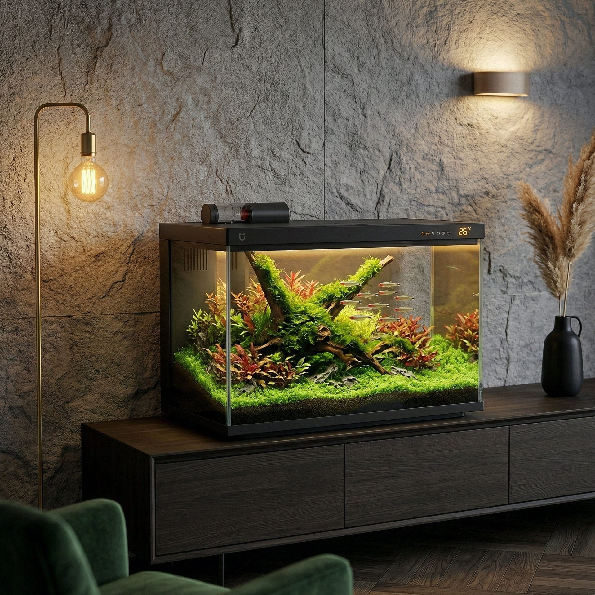 Aquarium intelligent 20L noir mat sur crédence chêne fumé suite 
hôtel luxe soirée, mur calcaire gris naturel, intérieur aquascape 
planté bois flotté mousse néons LED doré chaud, lampe laiton gauche, 
pampa céramique noire droite, parquet chêne foncé, velours vert 
fauteuil flou, ambiance cinq étoiles raffiné, format PNG 1:1