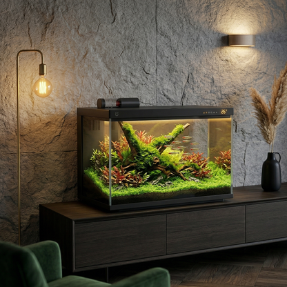 Aquarium intelligent 20L noir mat sur crédence chêne fumé suite 
hôtel luxe soirée, mur calcaire gris naturel, intérieur aquascape 
planté bois flotté mousse néons LED doré chaud, lampe laiton gauche, 
pampa céramique noire droite, parquet chêne foncé, velours vert 
fauteuil flou, ambiance cinq étoiles raffiné, format PNG 1:1
