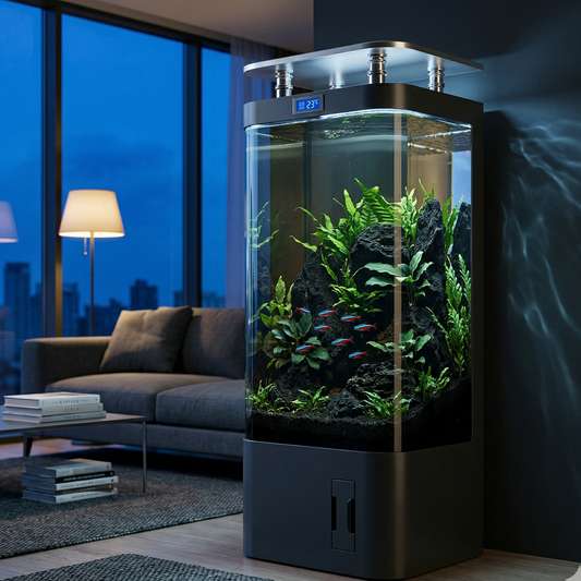 Aquarium vertical 140L design exact référence avec verre frontal courbé et base noire mate charcoal grey, structure 4-6 piliers cylindriques chromés créant gap visible entre base et top flottant, écran LCD intégré, dans salon contemporain heure bleue crépuscule, aquascape planted naturel plantes vertes foncées roche volcanique noire substrat sombre cardinal tetras couleurs éclatantes contraste dramatique fond noir, salon twilight fenêtres ciel bleu profond canapé gris charcoal table basse lampadaire accent 