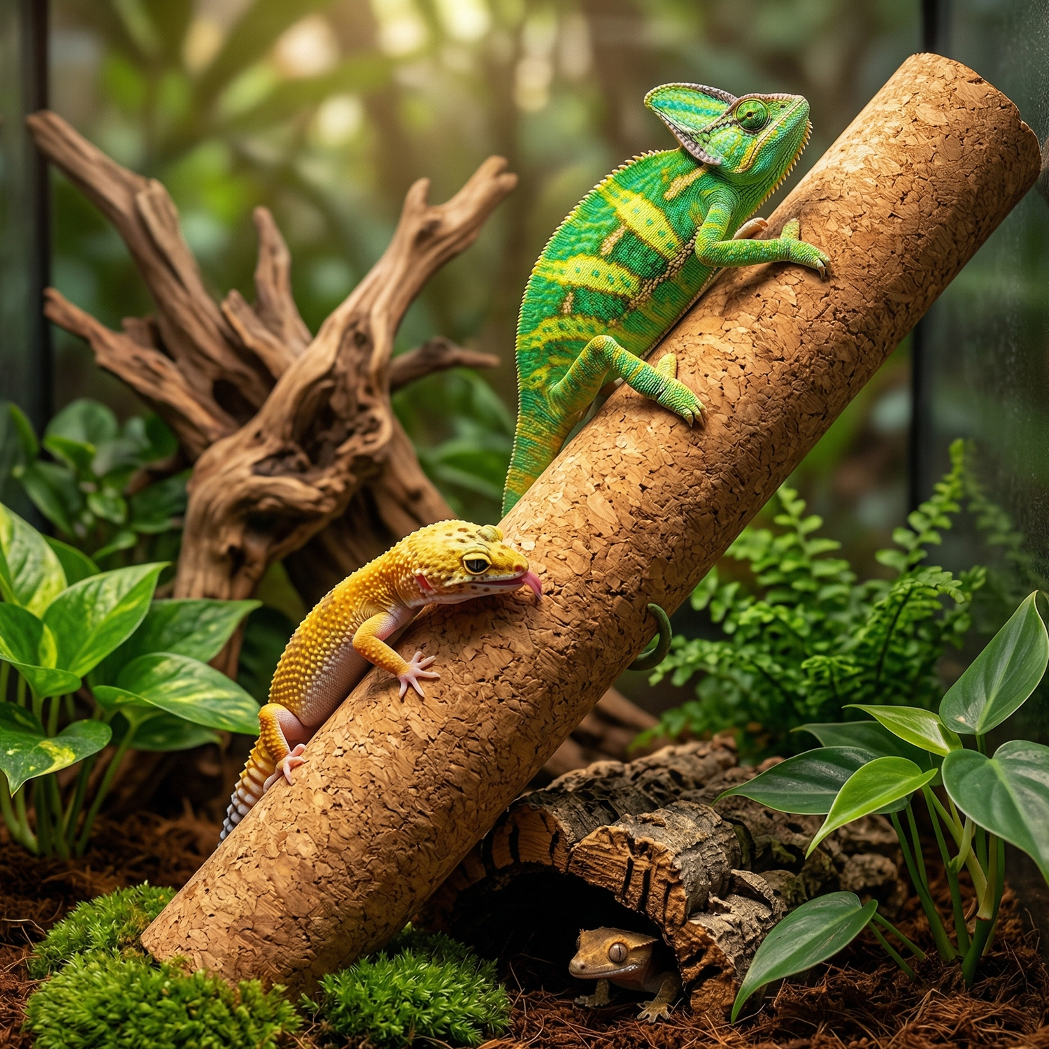 Bâton liège naturel cylindrique installé diagonale 45° terrarium 
tropical spectaculaire, caméléon voilé vert jaune grimpant tiers 
supérieur griffes texture parfaite, gecko léopard jaune mi-bâton 
langue exploration, gecko juvénile base cachette yeux visibles ombre, 
décoration organique tons miel substrat fibre coco mousse verte 
pothos fougère fond bokeh naturel, lumière tropicale dappled chaude, 
quatre rôles un seul accessoire nature authentique, format JPG 1:1