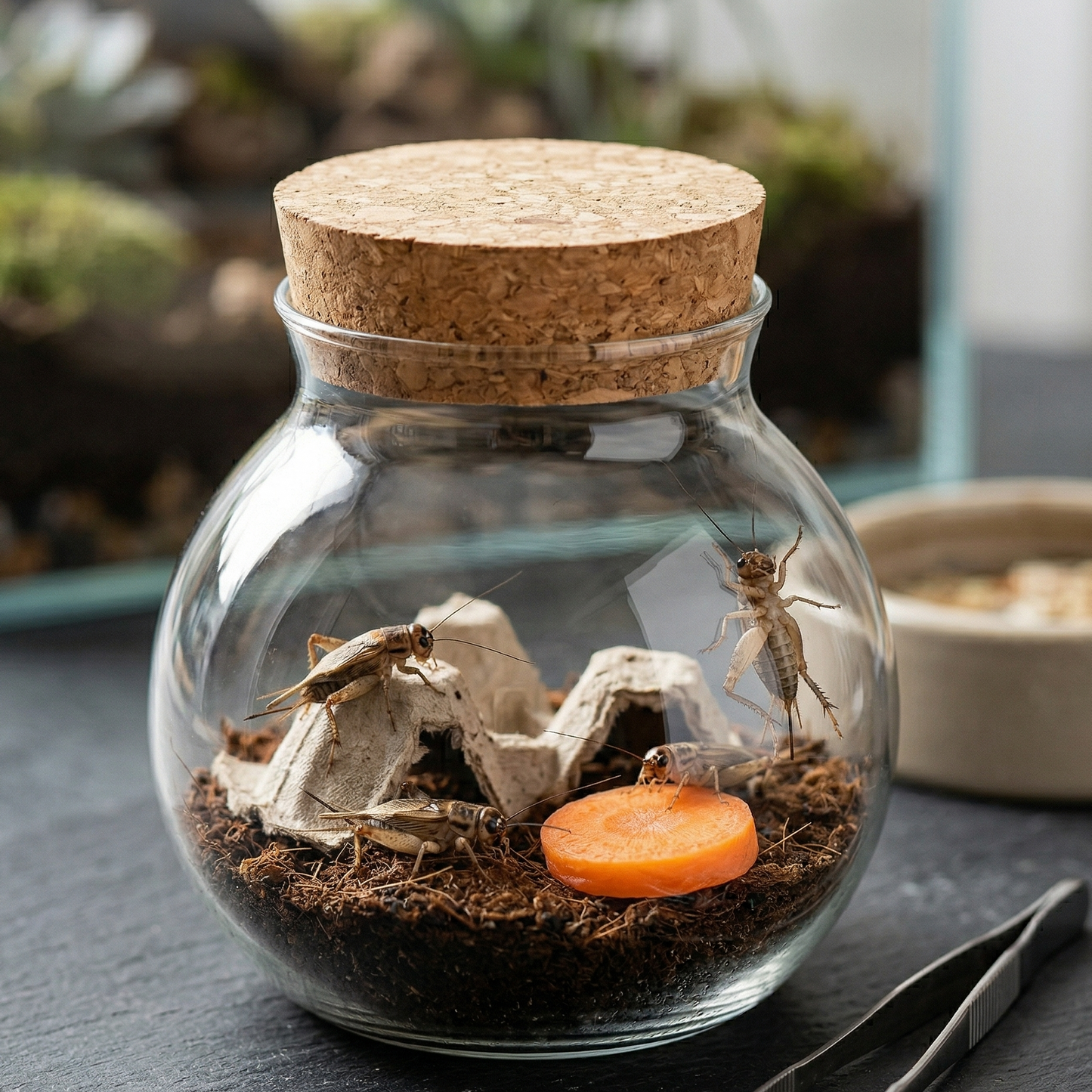 Bocal verre rond transparent 500ml habitat insectes grillons, intérieur 
substrat fibre coco sombre carton alvéolé cachettes, tranche carotte 
orange vive nourriture, grillons actifs dont un contre paroi verre 
pattes corps visibles cristallin, couvercle liège fermé sécurisé, 
surface ardoise sombre terrarium fond doux, pinces nourrissage côté, 
format JPG 1:1