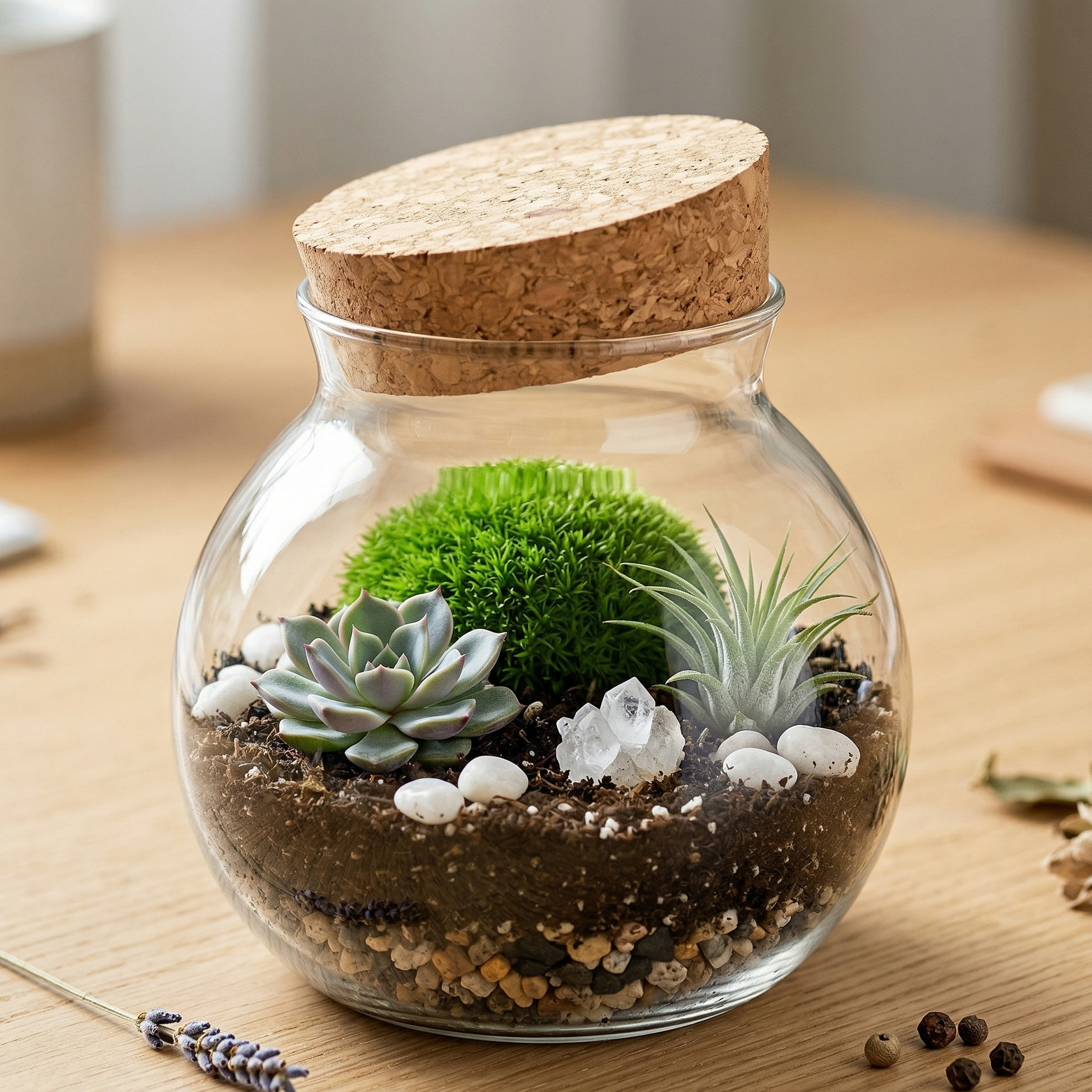 Bocal verre rond transparent 500ml terrarium miniature couvercle liège 
entrouvert, intérieur monde vivant mousse verte vibrante gauche 
échévéria rosette sauge droite tillandsia argenté, graviers drainage 
substrat sombre galets blancs cristal quartz, verre rond effet loupe 
plantes vivantes, surface chêne blanc lumière matinale naturelle, 
format JPG 1:1