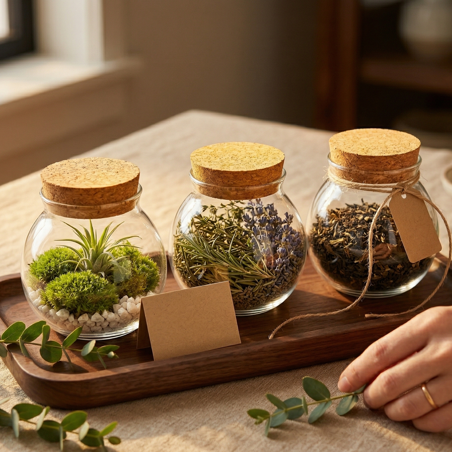 Trois bocaux verre rond cristallin cadeau curatif plateau noyer huilé 
sombre, gauche terrarium miniature mousse verte tillandsia galets, 
centre herbes séchées romarin thym fleurs chef cuisinier, droite thé 
feuilles ficelle naturelle tag kraft, lin naturel dessous, eucalyptus 
épars carte kraft personnelle, main féminine alliance or posant 
eucalyptus geste amour, lumière dorée après-midi chaleureuse, format 
PNG 1:1
