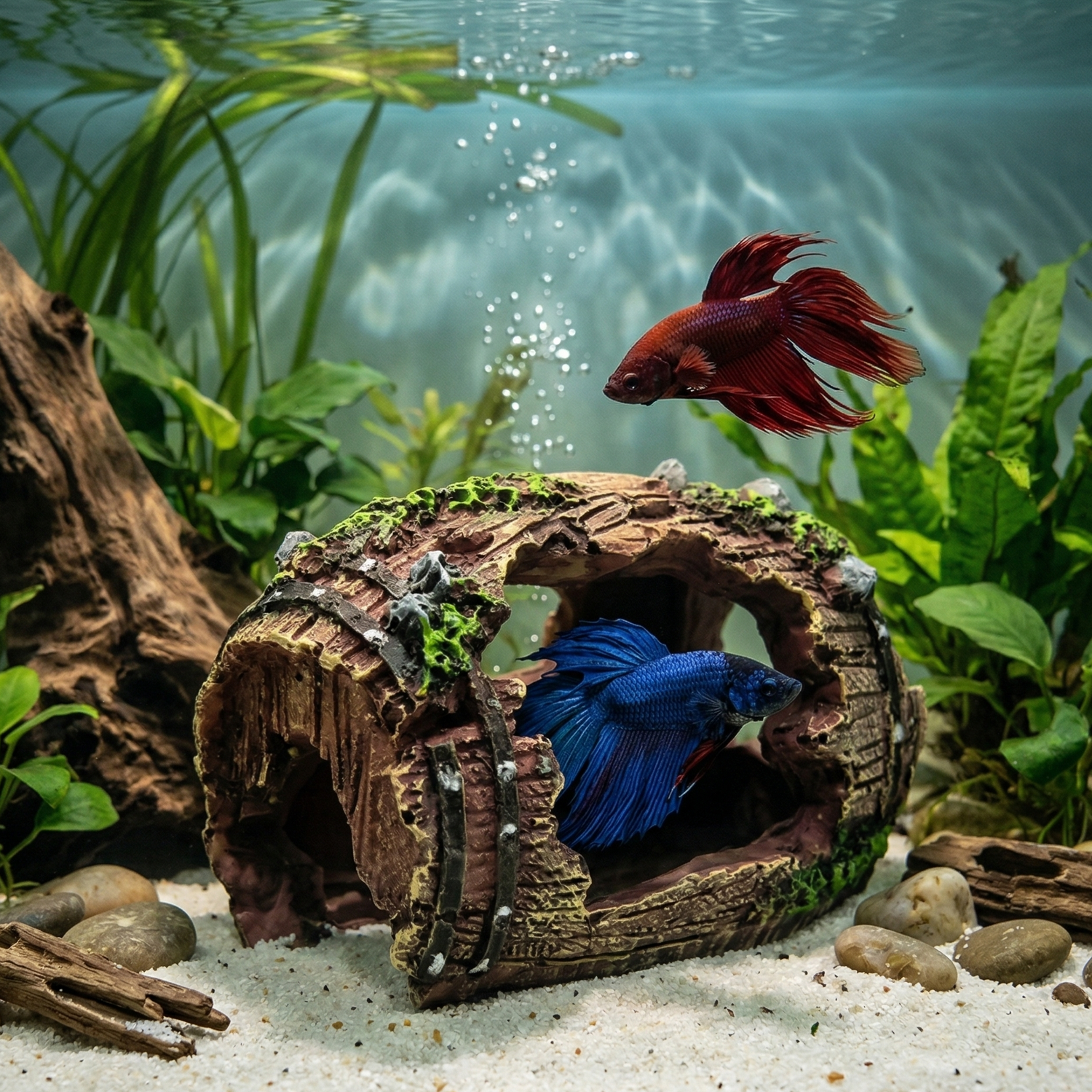 Décoration cachette résine épave vintage fond sable blanc aquarium, 
deux bettas poissons nageoires fluides cobalt bleu rouge iridescent, 
un émergeant ouverture hide un nageant dessus, plantes aquatiques 
java fern anubias vallisneria fond bokeh vert, bois flotté pierres 
rivière, lumière sous-marine bleue-verte caustics sable, ambiance 
épave océanique cinématique National Geographic, format JPG 1:1