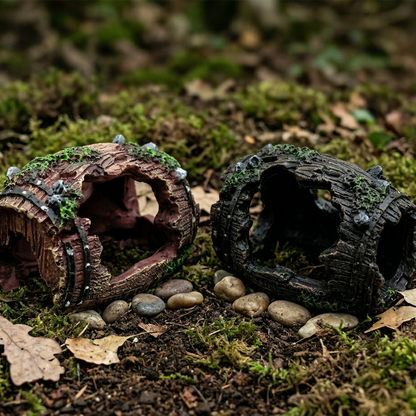 Deux cachettes tronc tonneau résine côte à côte comparaison, version 
marron rouge mousse verte gauche et version sombre noire droite, 
légèrement inclinées ouvertures vers extérieur, surface sol forêt 
sombre mousse pierres feuilles entre deux, lumière naturelle forêt 
dessus textures riches détaillées, format PNG 1:1
