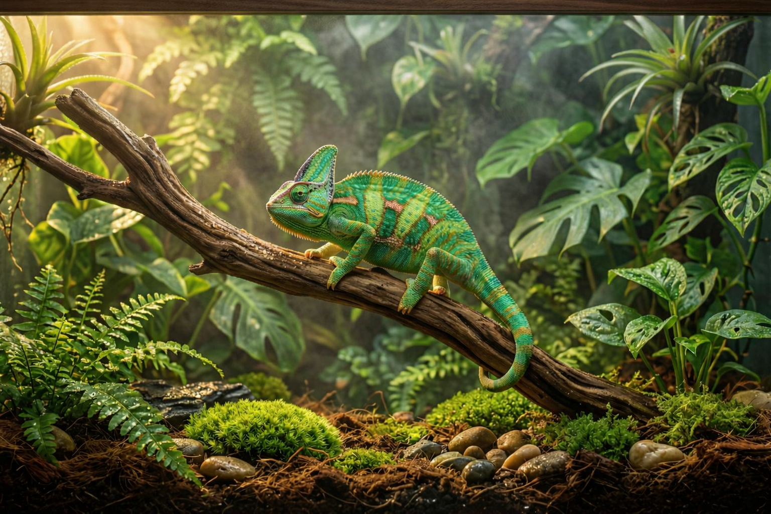 Habitat pour caméléon Luminoria : L'équilibre naturel
Ce décor spécifique pour reptiles arboricoles vise à recréer les strates végétales nécessaires au bien-être du caméléon. La présence de branches texturées et d'un feuillage dense réduit le stress de l'animal en lui offrant des zones d'ombre et des points d'observation en hauteur. Maisonzenarium