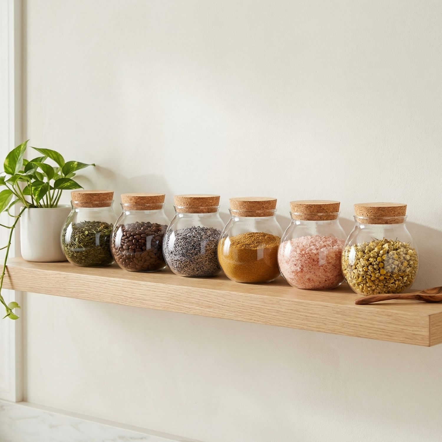 Six bocaux verre rond cristallin alignés étagère chêne blanc flottante 
cuisine, contenus variés thé vert grains café lavande épices sel rose 
camomille visible verre cristal, bouchons liège miel uniformes alignés, 
gradient couleurs naturelles chaud, pothos céramique blanche gauche 
cuillère bois droite, plan marbre blanc dessous, lumière matinale 
naturelle reflets verre, format JPG 1:1