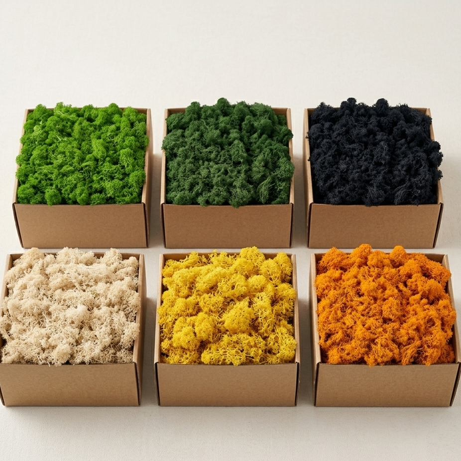 Six boîtes carton kraft vue plongeante mousse artificielle collection 
complète deux rangées, rangée haute vert herbe vif centre vert foncé 
forêt dramatique droite noir profond mat, rangée basse gauche beige 
crème doux centre jaune ensoleillé chaud droite orange saturé audacieux, 
toutes couleurs riches saturées non délavées, perspective légère 
profondeur entre rangées, surface blanche dessous lumière naturelle 
overhead, format JPG 1:1