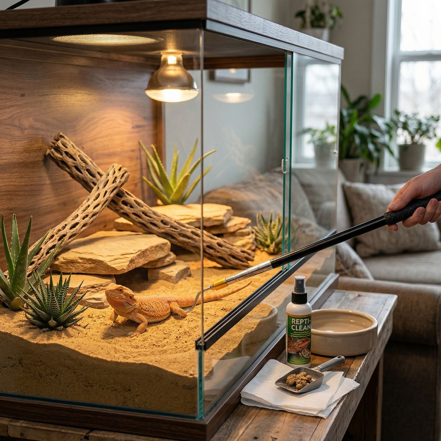 Crochet télescopique utilisé guidage déplacement dragon barbu ou iguane grand lézard dans terrarium désertique pendant nettoyage entretien, hook positionné délicatement côté lézard sans stress, terrarium aride substrat sable doré roches basking bois cholla plantes désert, main tenant manche contrôle distance sécurité, fournitures nettoyage spray serviettes visible table à côté démontrant contexte maintenance routine, environnement domestique meuble bois mur fenêtre lumière naturelle arrière-plan flou, démon