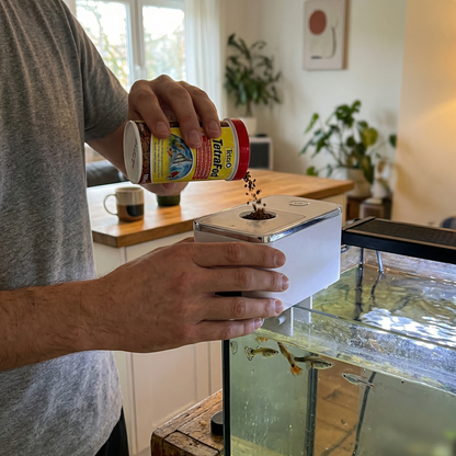 Personne mains bras visible versant nourriture poissons container Tetra directement dans trou ouverture dessus distributeur automatique blanc fermé (design exact référence mécanisme correct), stream granulés tombant container vers opening top feeder montrant processus remplissage simple rapide, feeder reste complètement fermé monté aquarium aucune ouverture tiroir ou clapet, vêtements casual normaux t-shirt manche montre accessoires quotidiens, mains naturelles réalistes texture mouvement, aquarium normal m