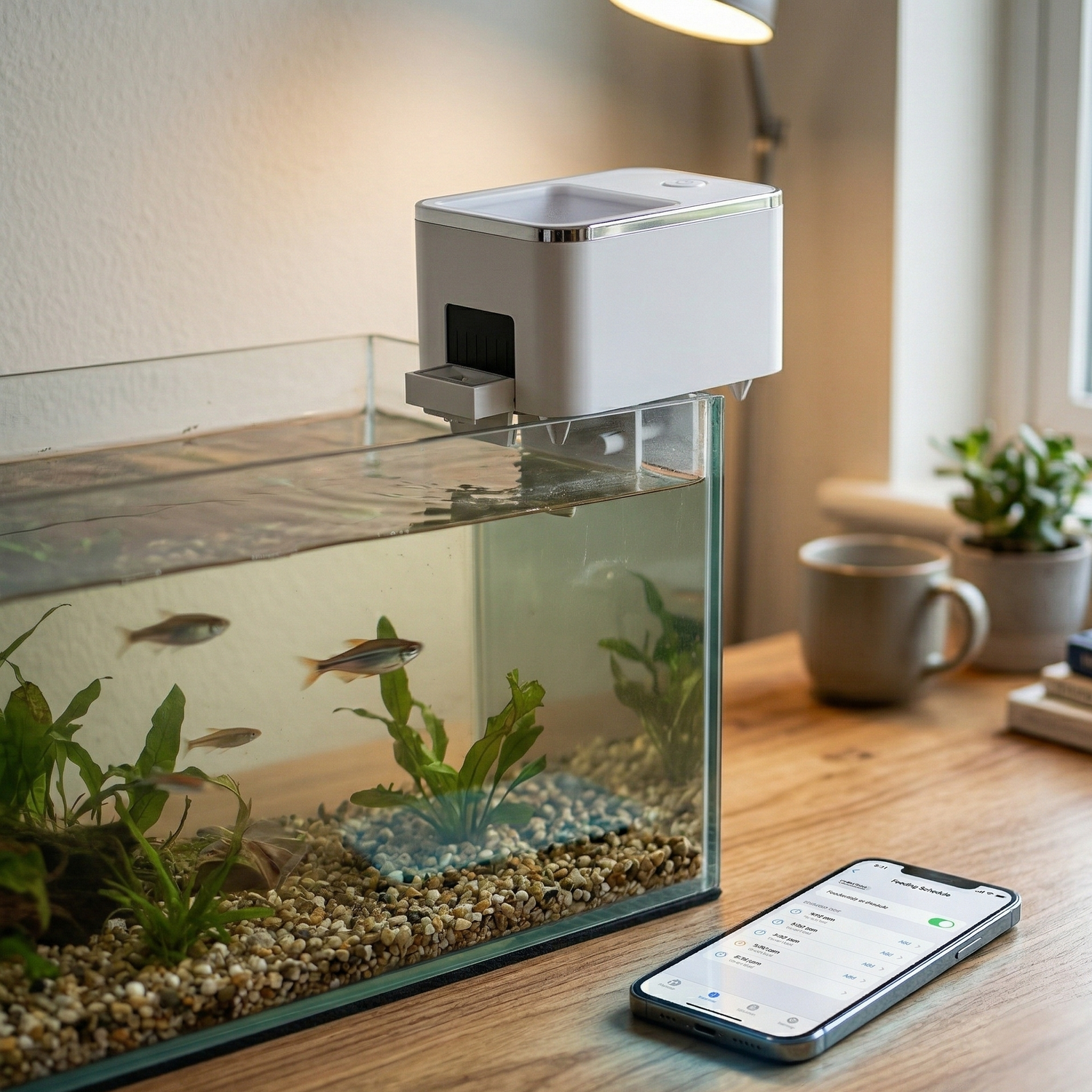 Distributeur automatique blanc monté aquarium normal avec smartphone iPhone Samsung posé casually table bois grain visible à côté, écran téléphone allumé montrant app horaires avec reflets lumière naturels réalistes, produit gardé exactement tel qu'il est référence sans modification, aquarium eau naturelle gravier poissons mouvement, table bois texture dessous, arrière-plan flou intérieur maison réel mur beige fenêtre objets quotidiens, éclairage mixte naturel fenêtre lampe bureau créant ombres réalistes, p