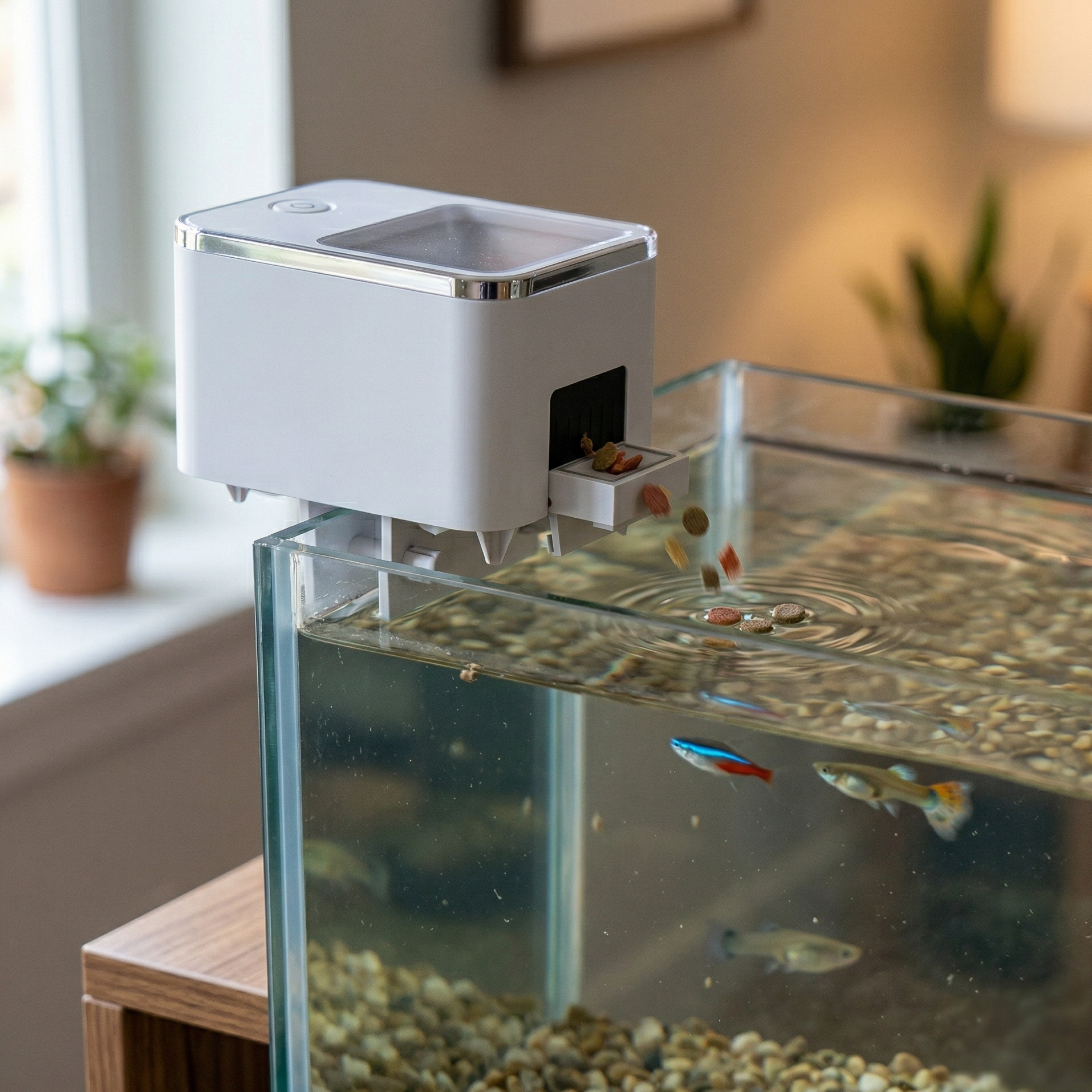 Vue latérale distributeur automatique blanc clipsé rebord aquarium, granulés nourriture tombant eau avec flou mouvement naturel ondulations surface, aquarium verre côté montrant eau naturelle légèrement trouble gravier fond, poissons nageant surface avec flou mouvement réaliste vivant, meuble bois grain visible dessous, arrière-plan flou environnement maison réel mur texture fenêtre lumière naturelle objets, éclairage mixte daylight room light naturel, esthétique photographie camera DSLR smartphone authenti