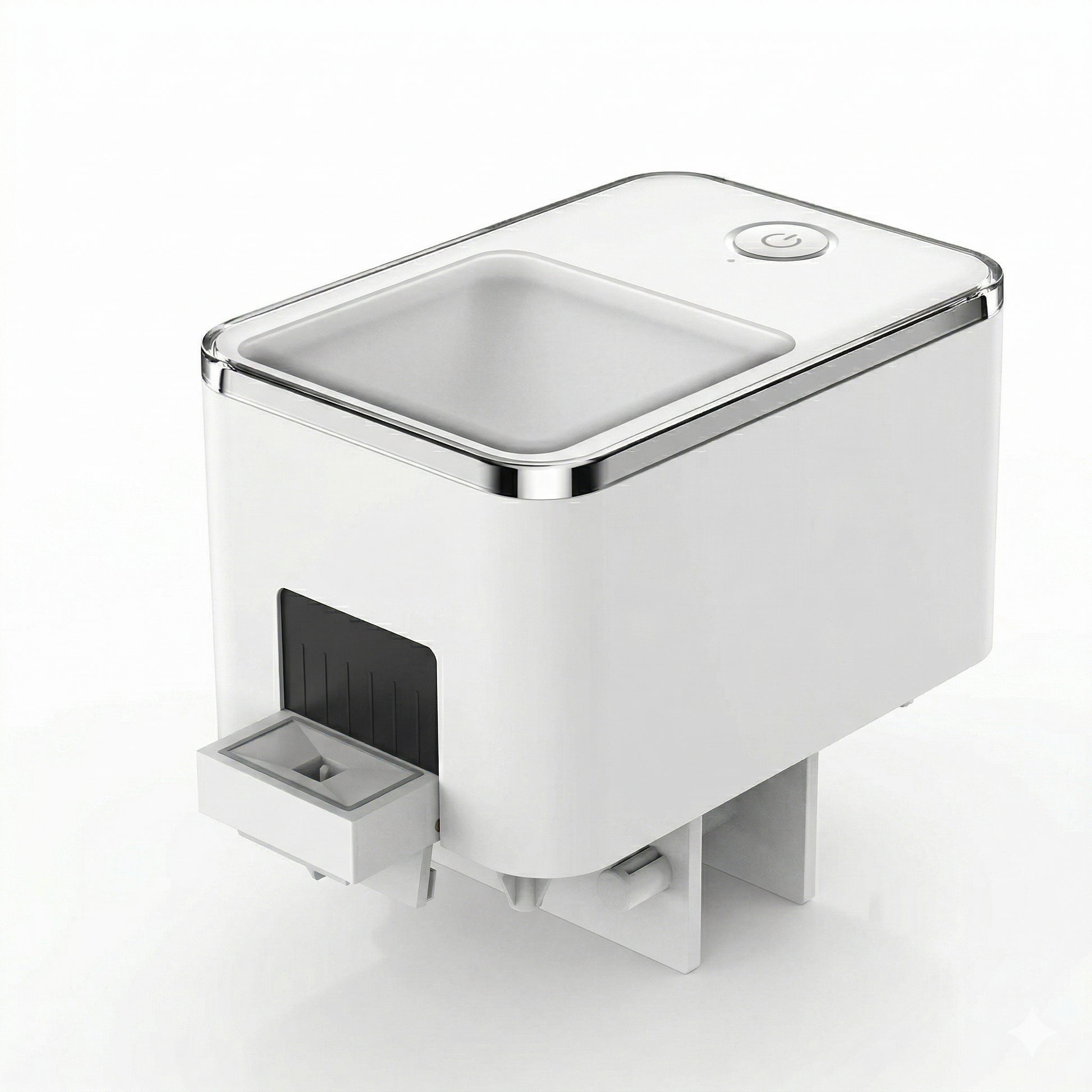 Distributeur automatique nourriture poissons aquarium cube blanc avec bordures chrome argenté, fenêtre transparente façade, tiroir distributeur bas, photographié fond blanc pur éclairage studio professionnel doux, angle 3/4 élevé, format JPG carré 1:1