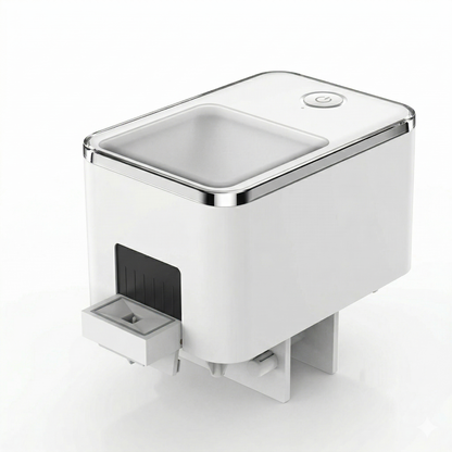 Distributeur automatique nourriture poissons aquarium cube blanc avec bordures chrome argenté, fenêtre transparente façade, tiroir distributeur bas, photographié fond blanc pur éclairage studio professionnel doux, angle 3/4 élevé, format JPG carré 1:1
