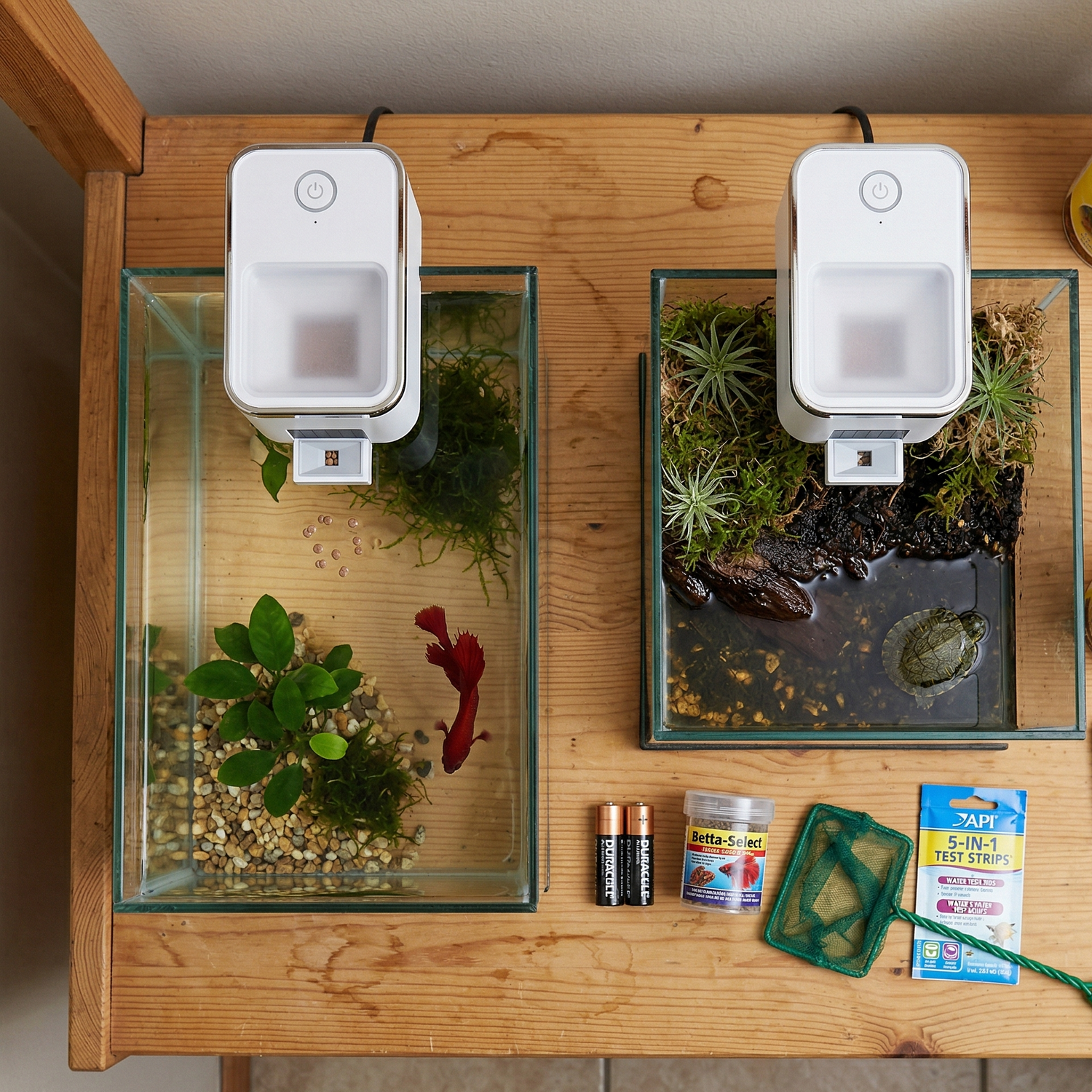 Vue aérienne top-down distributeur automatique blanc compact 11×7.5cm sur multi-tank setup étagère bois, gauche nano aquarium 30cm feeder monté rebord montrant petit footprint dessus, betta coloré rouge bleu nageant eau visible dessus plantes gravier, droite petit terrarium feeder monté couvercle zone eau et terre visible tortue shell ou grenouille substrate mousse plantes, entre tanks surface bois batterie AA référence échelle montrant taille compacte, container nourriture Tetra net aquarium smartphone pos