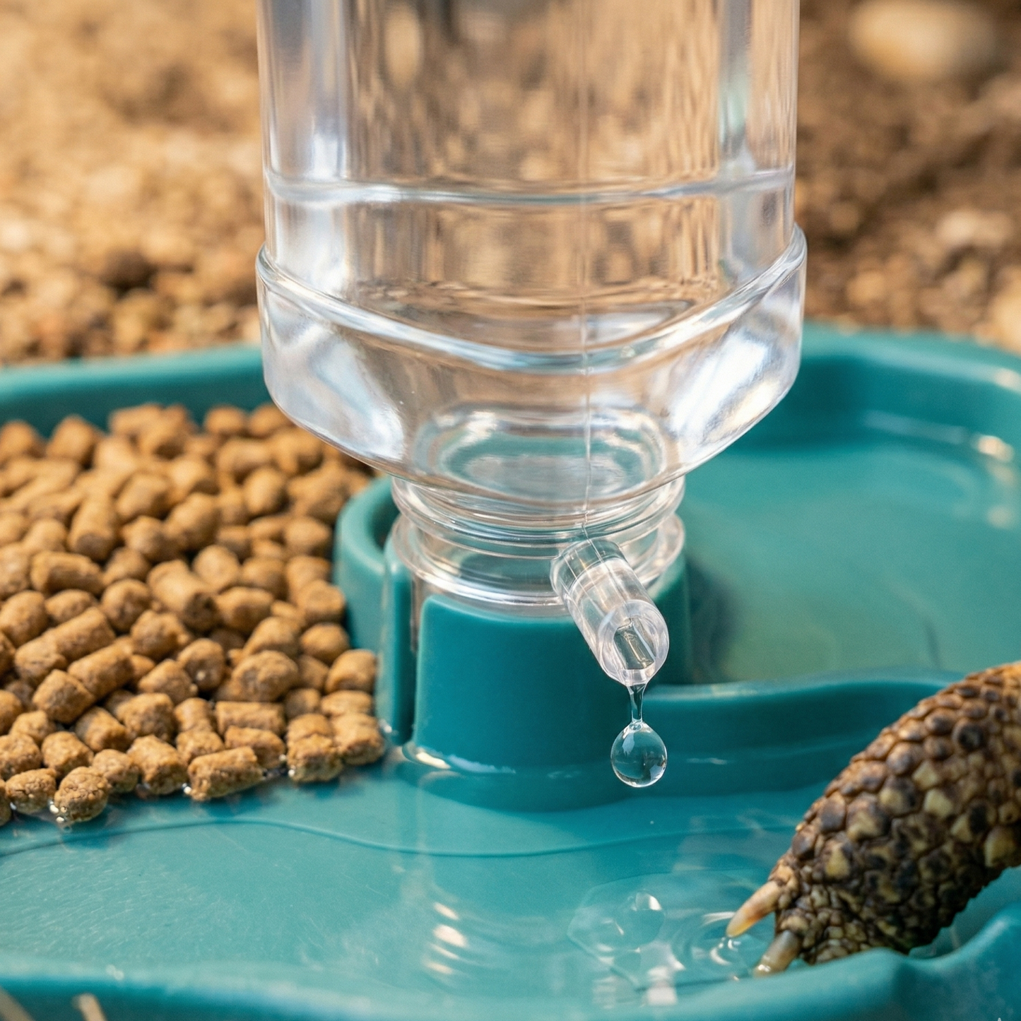 Macro gros plan distributeur eau automatique transparent centre 
plateau turquoise, gouttelette eau parfaite chute freeze-frame 
bouteille base vers plateau, eau cristalline intérieur mécanisme 
visible, pellets nourriture gauche eau peu profonde droite, patte 
tortue écailleuse bord cadre, éclairage macro studio propre, 
format PNG 1:1