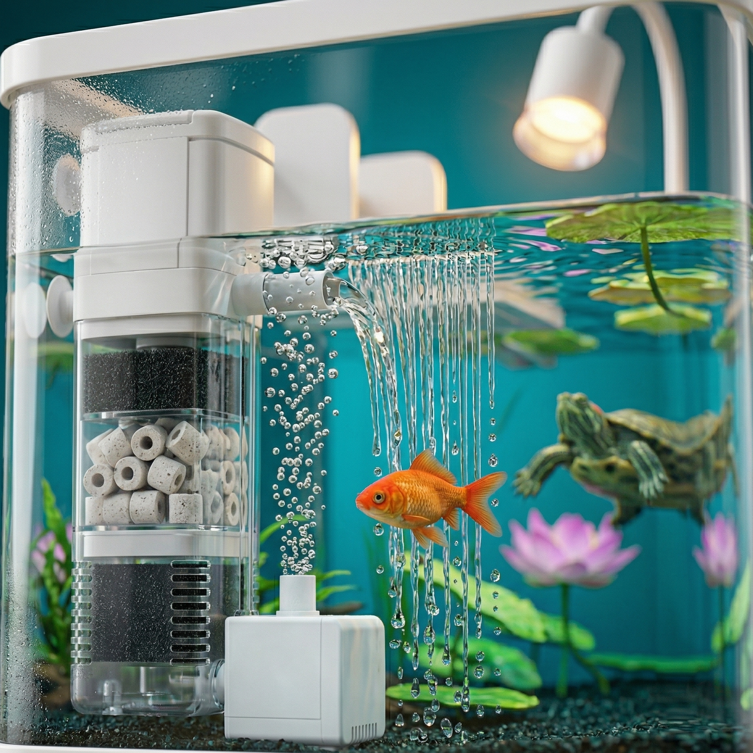 Macro ultra-gros plan filtration 3-en-1 terrarium premium blanc, eau 
cascade sortie filtre freeze-frame gouttelettes diamant suspendu, 
colonne bulles oxygénation individuelles cristallines montant surface, 
mousse mécanique media biologique casing transparent visible, poisson 
orange vivant traversant output filtre preuve eau parfaite saine, 
surface eau caustics dansants dessus, tortue bokeh fond paisible, 
lumière macro focused bulles diamants, format JPG 1:1