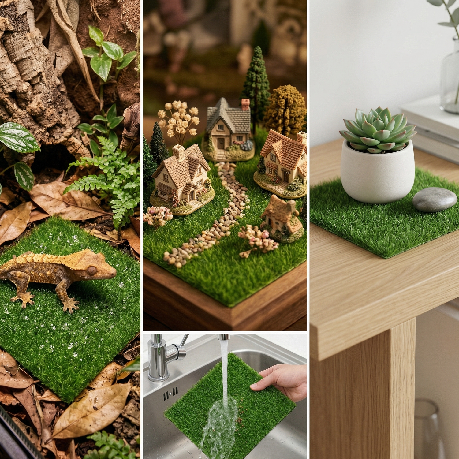 Triptyque gazon artificiel vert trois univers, gauche terrarium tropical 
gecko crêté griffes fibres gouttelettes nettoyage frais, centre diorama 
miniature maisons fleurs arbres monde féerique enchanteur, droite étagère 
chêne blanc vignette décorative succulent pot blanc galet minimal 
botanique, même texture verte reconnaissable trois mondes, bas centre 
carré rinçage eau courante nettoyage deux minutes, lumières adaptées 
chaque univers, format JPG 1:1