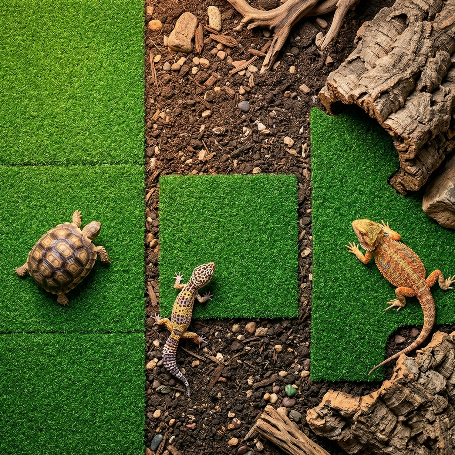 Vue plongeante terrarium gazon artificiel vert trois configurations 
simultanées, gauche prairie continue deux carrés côte à côte tortue 
dessus carapace vivide, centre zone île dispersée substrat sombre gecko 
léopard bord exploration, droite découpe précise contournant cachette 
liège dragon barbu reposant, texture fibreuse verte dense cohérente 
toutes zones, lumière terrarium chaude overhead, format JPG 1:1