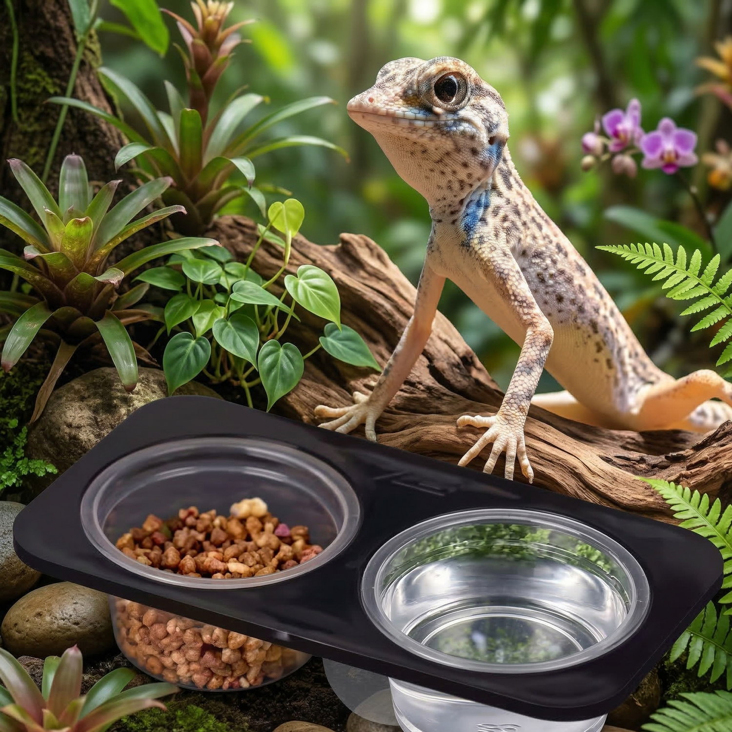 Gecko léopard et gamelle double avec nourriture et eau dans un terrarium tropical arboré.