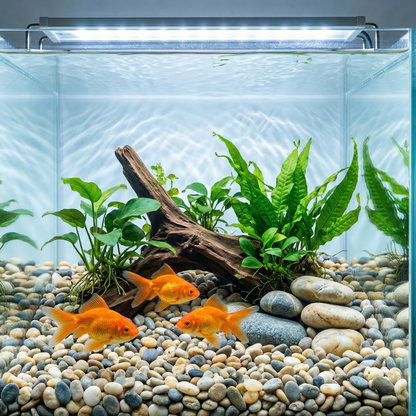 Aquarium aquascape gravier naturel mixte gris beige crème sol complet 
eau cristalline, bois flotté plantes aquatiques vertes racines pierres, 
trois poissons rouges oranges nageant dessus galets contraste naturel, 
macro galets travers eau caustics patterns dansant textures extraordinaires 
sous eau, éclairage LED aquatique cool overhead, format JPG 1:1