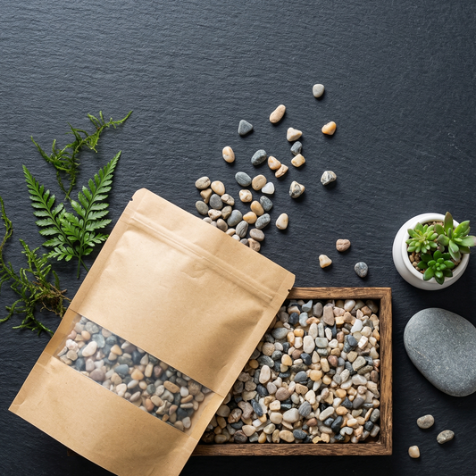 Vue plongeante flat lay gravier naturel mixte, sachet kraft ouvert 
centre galets versés freeze-frame suspendus lumière gris beige crème 
blanc tous visibles, plateau bois mix couleurs vue dessus, plantes 
aquatiques succulent pot blanc galet plat épars, surface ardoise 
sombre contraste couleurs claires naturelles, macro galets premier plan 
rasoir net grain naturel polish individuel, format PNG 1:1