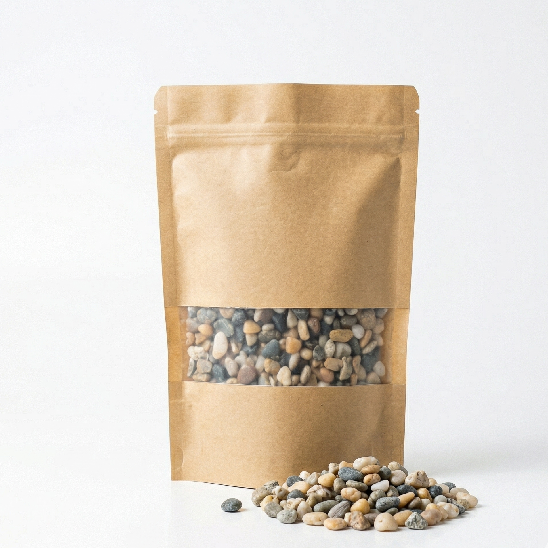 Sachet kraft refermable debout gravier naturel mixte fond blanc pur, 
fenêtre transparente galets gris beige crème blanc visibles intérieur, 
petit tas galets naturels polis épars base sachet couleurs variées 
chaque pierre highlight specular naturel, lumière studio softbox gauche 
fill droit ombre subtile surface blanche, format JPG 1:1
