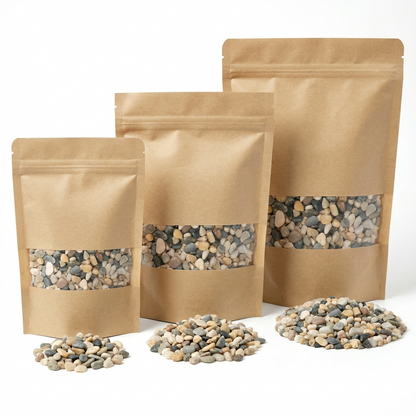Trois sachets kraft refermables fenêtre transparente gravier naturel 
côte à côte tailles croissantes 100g gauche 300g centre 800g droite, 
galets mixtes gris beige crème blanc devant chaque sachet, fond blanc 
studio éclairage professionnel couleurs naturelles pierres visibles, 
format JPG 1:1