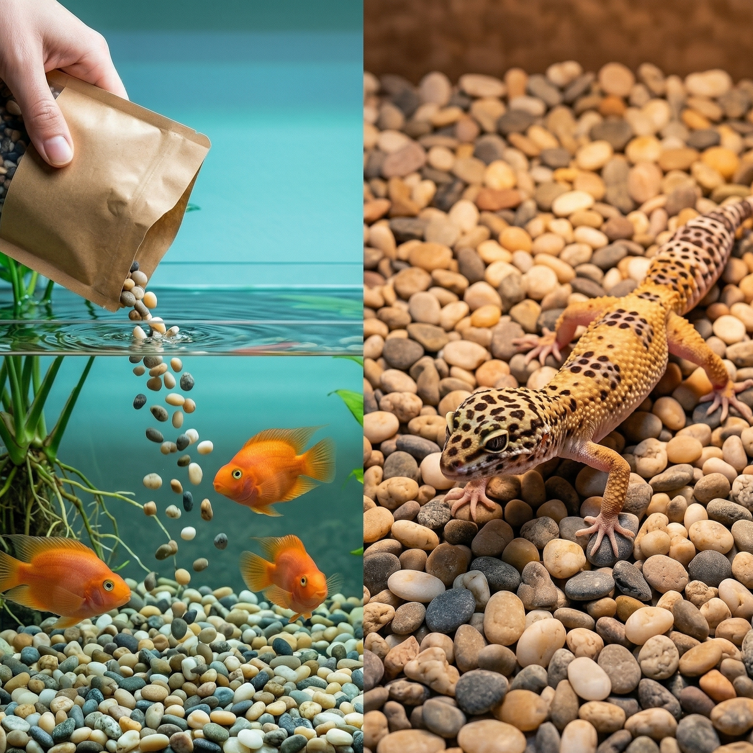 Composition split deux univers gravier naturel mixte, gauche aquarium 
planté eau cristalline racines ancrées pierres poissons tropicaux 
oranges main versant sac kraft freeze-frame, droite terrarium désertique 
même galets sec minéral drainage parfait gecko léopard marchant 
confortable, même mix gris beige crème blanc deux mondes spectaculaires, 
éclairage LED bleu-vert gauche basking ambre droite contraste visuel, 
format JPG 1:1
