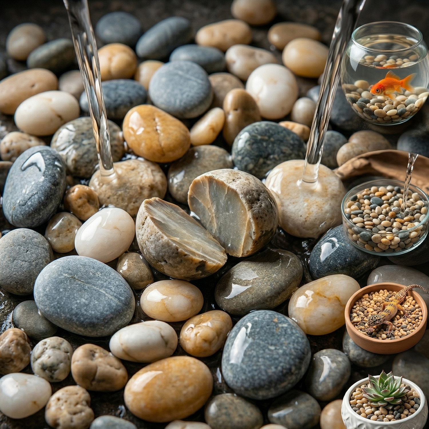 Macro extrême galets naturels rivière mixtes surface sombre, pierres 
gris bleuté beige miel crème blanc rasoir net chaque sculpture naturelle, 
coupe pierre intérieur minéral authenticité prouvée, flux eau claire 
rinçage couleurs intensifiées reflets extraordinaires, trois usages 
mêmes galets bol aquarium terrarium désertique bol céramique succulent, 
lumière naturelle focalisée ombres profondeur couleurs variées, format 
JPG 1:1